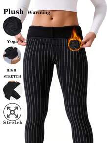 Women's Thermal Lined Black Leggings, European And American Fashion Casual Minimalist Line Pattern All-Over Print, Elegant Stretchy Skinny Pants For Home, Workout, Yoga, Gym, Running, Outdoor Walking, Party, Gift