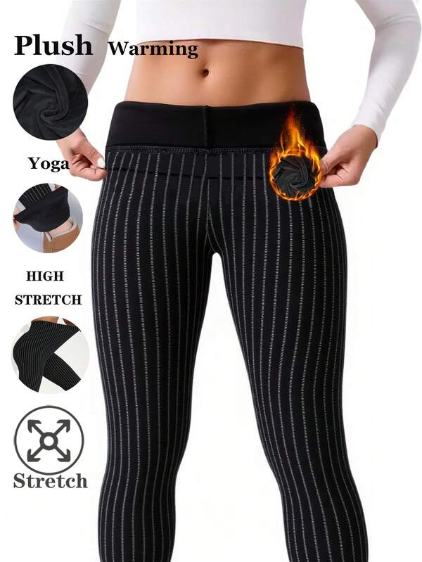 Women's Thick Black Leggings, European And American Fashion Casual Minimalist Line Pattern Elastic Slim Fit Pants, Home Shaping Yoga Outdoor Shopping Walking Street Wear Long Pants For Travel And Vacation