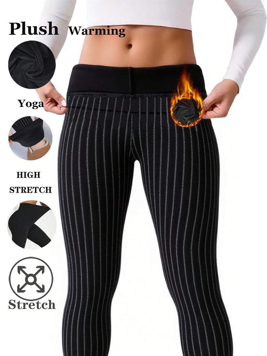 Women's Thermal Lined Black Leggings, European And American Fashion Casual Minimalist Line Pattern All-Over Print, Elegant Stretchy Skinny Pants For Home, Workout, Yoga, Gym, Running, Outdoor Walking, Party, Gift