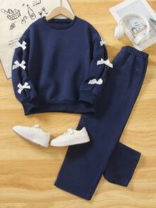 2 Pieces Set: Tween Girls Casual Bowknot Long Sleeve Crew Neck Sweatshirt And Straight Leg Sweatpants, Autumn - Navy Blue - View 12