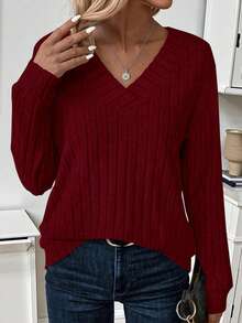 Fall Fashion Long Sleeve Shirts For Women Ribbed Knit V Neck Dressy Casual Lightweight Sweaters Tunic Tops - Màu Đỏ Sâu - Xem 3