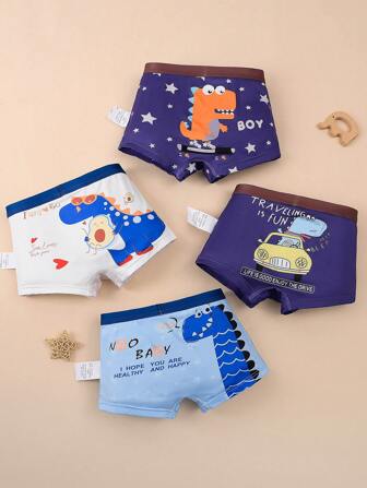 4pcs Pack Young Boy Dinosaur Pattern Boxers, Children Underwear Shorts Set