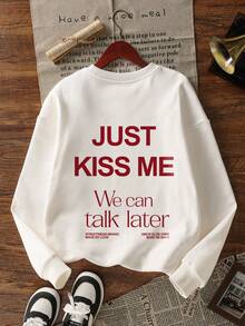 Women's Casual Crew Neck White Sweatshirt With Simple INS English Print, Fashionable And Versatile For Daily Wear, Autumn/Winter Spring - White - View 3