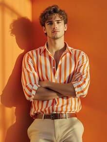 Áo sơ mi nam dài tay họa tiết sọc màu tương phản thường ngày đi làm và đi nghỉ, Xuân/Thu, Giáng sinh - trái cam - Xem 2