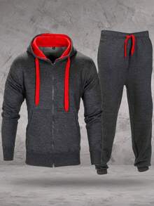 LoveMyFashions Men's 2pcs Set Tracksuit Full Sleeve Solid Color Drawstring Waist Zip Up Hoodie & Sweatpants Two Pieces Set With Pockets - Charcoal/Red - View 4
