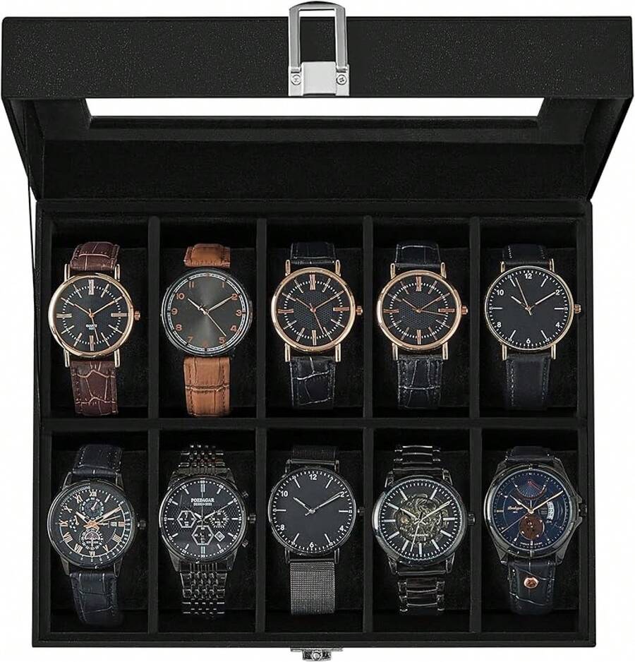 SONGMICS Watch Box, 12-Slot Watch With Large Glass Lid, Removable Watch Pillows, Watch Box Organizer, Loved Ones, Black Synthetic Leather, Gray UJWB12BK - Đen + Đen - Xem 1
