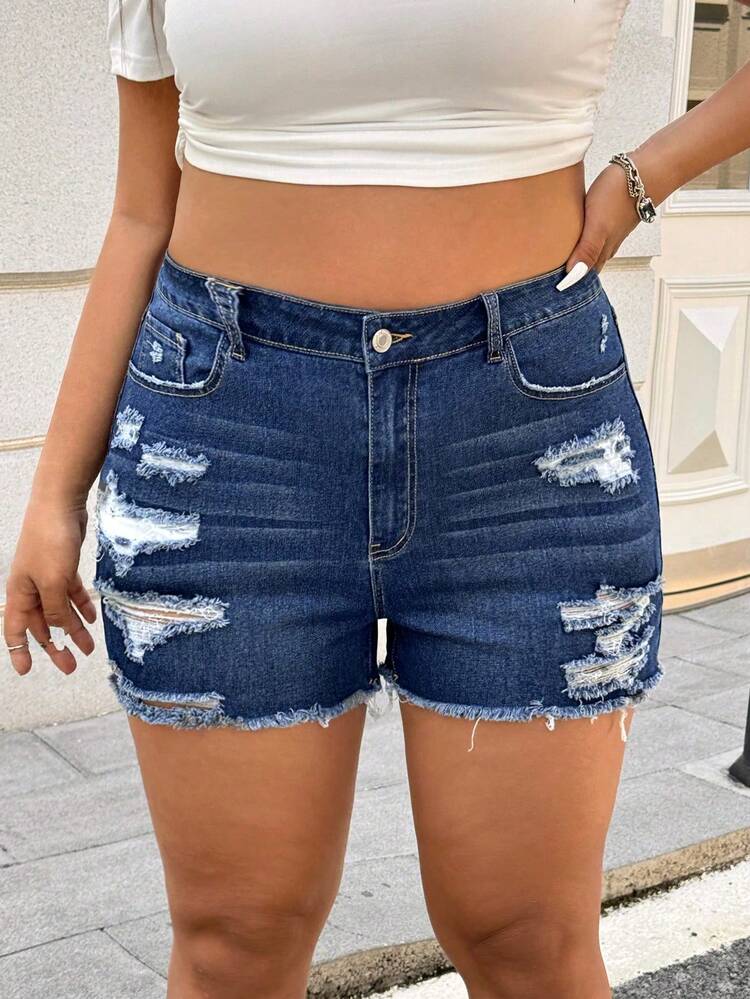 Enliva Karlangas.Toledo Plus Size Front Button Pocket Distressed Frayed Trim Casual Denim Shorts, For Apple Rounded Body Shape, For Summer - Dark Wash - View 2