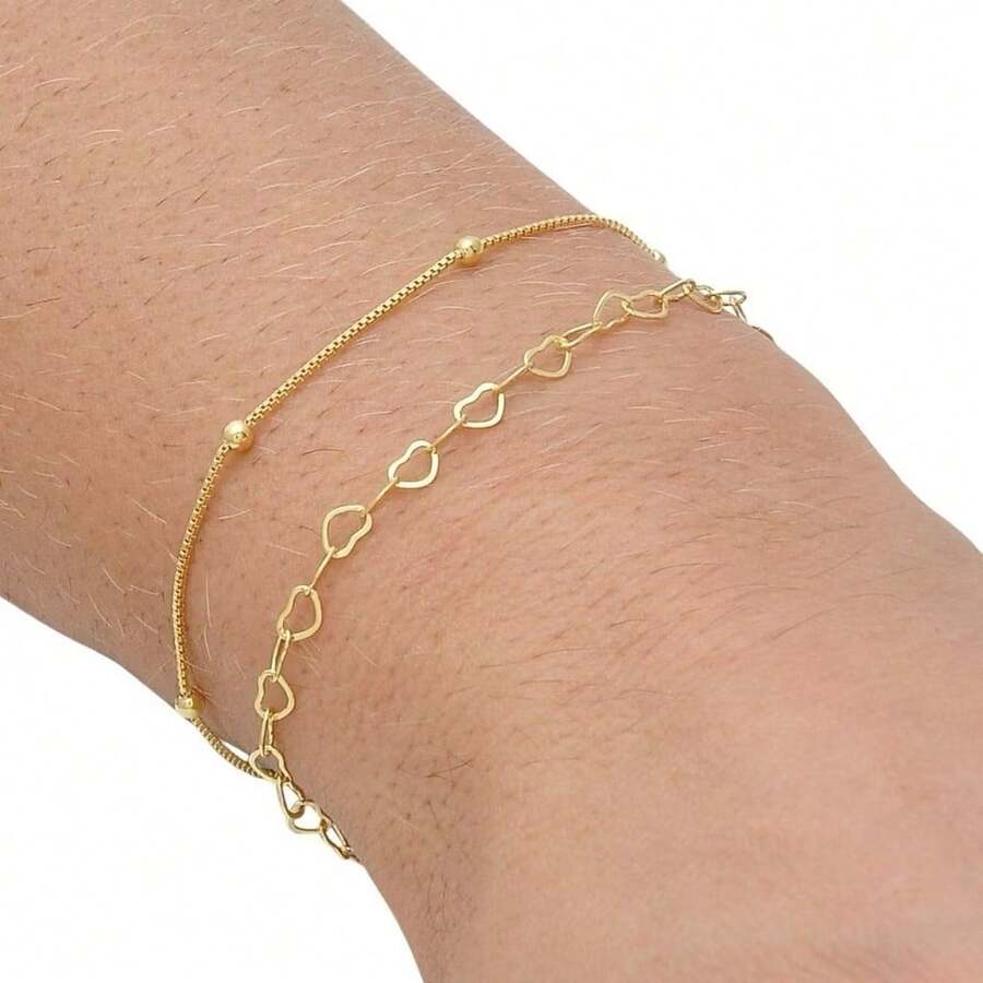 Kit Of 2 Elegant Heart-Shaped Beaded Bracelets, Plated In 925 Silver Or 18K Gold - 金色 - 查看 1