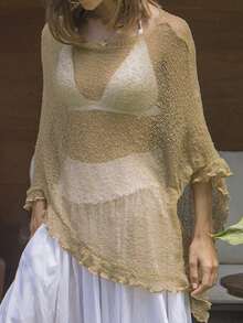 Women Sheer Knitted Poncho Solid Color Ruffle Trim Boat Neck See Through Cover Up Tops - Khaki - View 1