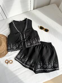 Rusttydustty Un ensemble de deux pièces noir pour les tenues de vacances décontractées, bohème, de plage, de festival de musique à Hawaï, de vacances tropicales, de Noël et d'Halloween des femmes - Noir - Voir 3