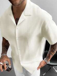 GloMan 复古风男士亚麻短袖衬衫，宽松休闲舒适沙滩衬衫，适合夏季度假，父亲节礼物，白色衬衫 - 杏色 - 查看 5