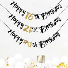2件装黑色和金色16/18/21/30/40/50/60/70/80岁生日旗帜挂饰，周年纪念庆祝横幅，快乐派对用品 - 彩色 - 查看 2