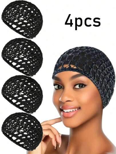 4 piezas Redecillas para el cabello, Redecillas para dormir, Snoods, Gorros envolventes, Gorros para pelucas rectas largas y rizadas, Malla negra, Envolvente, Ganchillo, Ondulado, Gorros de chef, Moños, Bandas elevadoras, Tejido, Cosido, Adecuado para mujeres, Gorro de dormir para ballet