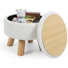 Round Teddy Boucle Storage Ottoman Foot Stool, Soft Sponge Foot Rest With Wooden Legs, Small Upholstered Storage Bench For Entryway, Bedroom, Living Room & Couch - White - View 8