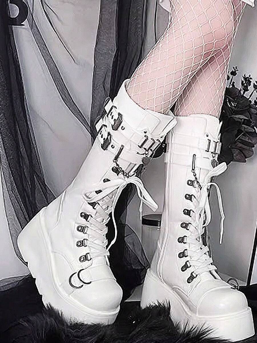 Goth Platform Boots For Women Punk Mid Calf Boots Lace Up Wedge Combat Boots Punk Chunky Heel Buckle Chain Knee High Boots With Side Zipper - trắng - Xem 1