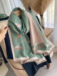 1条花卉提花针织仿羊绒保暖围巾/披肩，女士适用，秋冬季百搭时尚配饰，适合作为连衣裙装饰围巾。 - 蒲公英綠色 - 查看 2