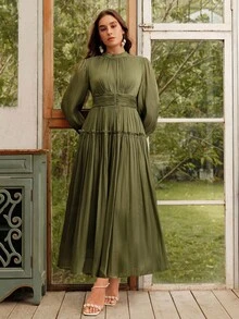 Anewsta Vestido de Manga Longa Plus Size Feminino com Cintura Franzida, Gola Alta, Design de Manga Bufante, Vestido de Gala - Verde Oliva - Visão 6