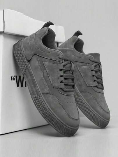 Men's Solid Color Grey Lace-Up Front Sports Skate Shoes, Minimalist Style Round Toe Thick Bottom Height Increasing Athletic Shoes(It Is Better To Choose A Larger Size)