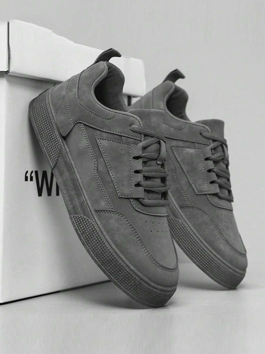 Herren einfarbige graue Schnürsportschuhe, minimalistischer Stil mit rundem Zehenbereich und dicker Sohle, höhenverstellbare Sportschuhe (es empfiehlt sich, eine größere Größe zu wählen)