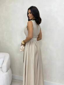 Long Dress Crew Neck Tank Top Belt Sash Slit Evangelical Fashion Pocket Party Wedding Graduation - 米色 - 查看 2