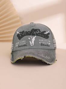 1pc Men's Color Block Embroidered Letter Distressed Washed Vintage Motorcycle Cap, Sun-Shading Fashion Baseball Hat, Streetwear Casual