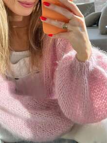Women's Fuzzy Knit Sweater Long Lantern Sleeve Open Front Solid Color Cardigan Fall Coat - Bright Pink - View 4