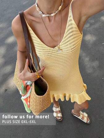 女款Y2K镂空性感优雅针织镂空吊带迷你裙，适合夏季度假、海滩、晚间约会、假日旅行