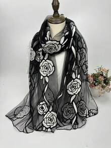1pc Embroidered Jacquard Rose Patchwork Scarf/Shawl - Multicolor - View 7