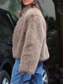 女士休闲百搭米色街头时尚柔软人造毛皮开衫夹克，适合冬季 - 卡其色 - 查看 7