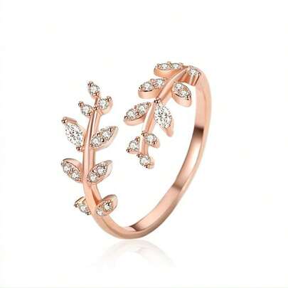 1pc Fashionable Cubic Zirconia S925 Sterling Silver Branch & Leaf Open Ring, Suitable For Women's Daily Wear