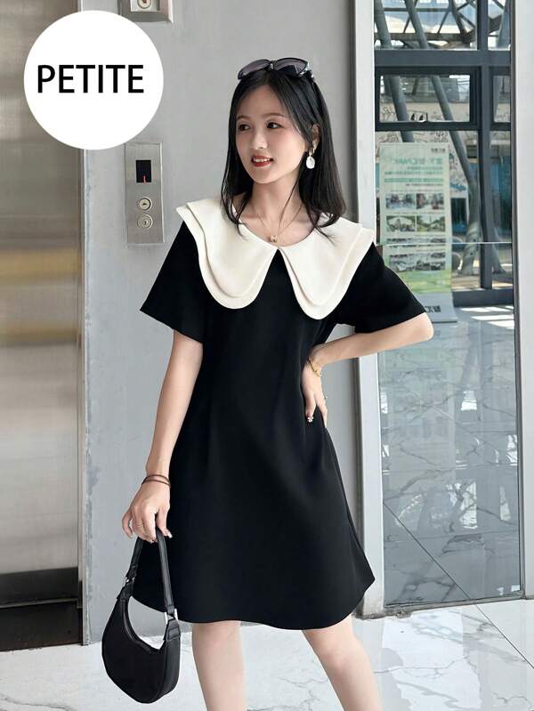 Petite Girls Black And White Contrasting Dress Short Sleeve Baby Collar Loose Fashion Short Skirt Cinched Waist Slim Dress