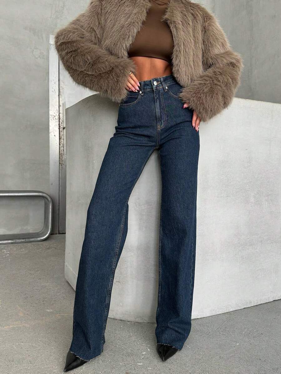 SQUALO Women's High Waist Straight Leg Jeans Work Women Clothes - Navy Blue - View 1