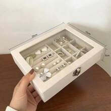 Jewelry Box With Glass Lid And Velvet Organizer Divider And Closure (5609) - 米色 - 查看 1
