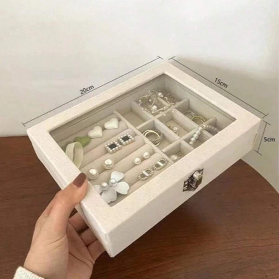 Jewelry Box With Glass Lid And Velvet Organizer Divider And Closure (5609) - 米色 - 查看 1