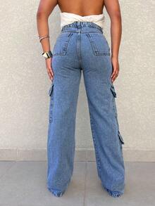 Kissmelady 555 Women's Cargo Jeans, Wide Leg, Plain, High Waist, Elegant - 中等水洗藍 - 查看 2