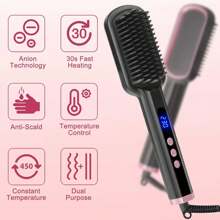 Negative Ion High Temperature Hair Straightening Brush, 2-In-1 Design Can Be Used As Comb And Hair Straightener, LCD Display With 13 Temperature Settings 100-230°C, Adjustable In 10°C Increments