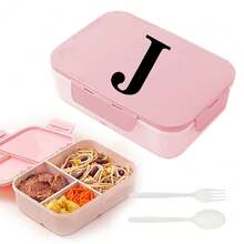 Caja de almuerzo de plástico con 3 compartimentos y patrón de 26 letras, de gran capacidad, apta para microondas, contenedor de almacenamiento de alimentos, caja bento portátil con cuchara y tenedor, adecuada para picnic, oficina, aperitivos - Rosa - Ver 34