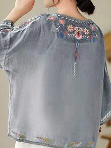 春夏刺绣 T 恤、宽松休闲轻便衬衫、流浪汉波西米亚花卉刺绣优雅衬衫、植物刺绣复古衬衫、假日短袖上衣 - 淺灰色 - 查看 5