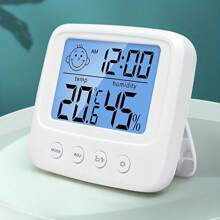 Termómetro digital LCD grande y higrómetro con reloj - Monitor de temperatura y humedad preciso para cocina, dormitorio, oficina - Funciona con batería AAA, higrómetro para decoración del hogar, reloj digital, despertador