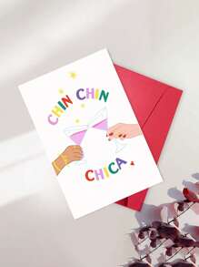 1pc Birthday Card With Envelope - Funny Cocktail Design Chin Chin Chica Greeting Card For Him Her, Blank Inside