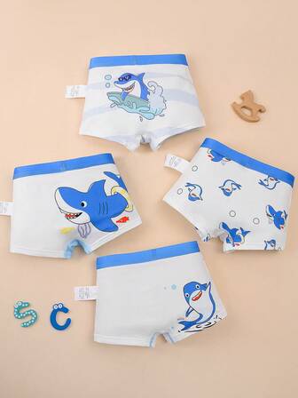 4pcs Boys' Comfortable Soft Breathable Cartoon Shark Print Boxer Briefs, Toddler/Little/Big Kids