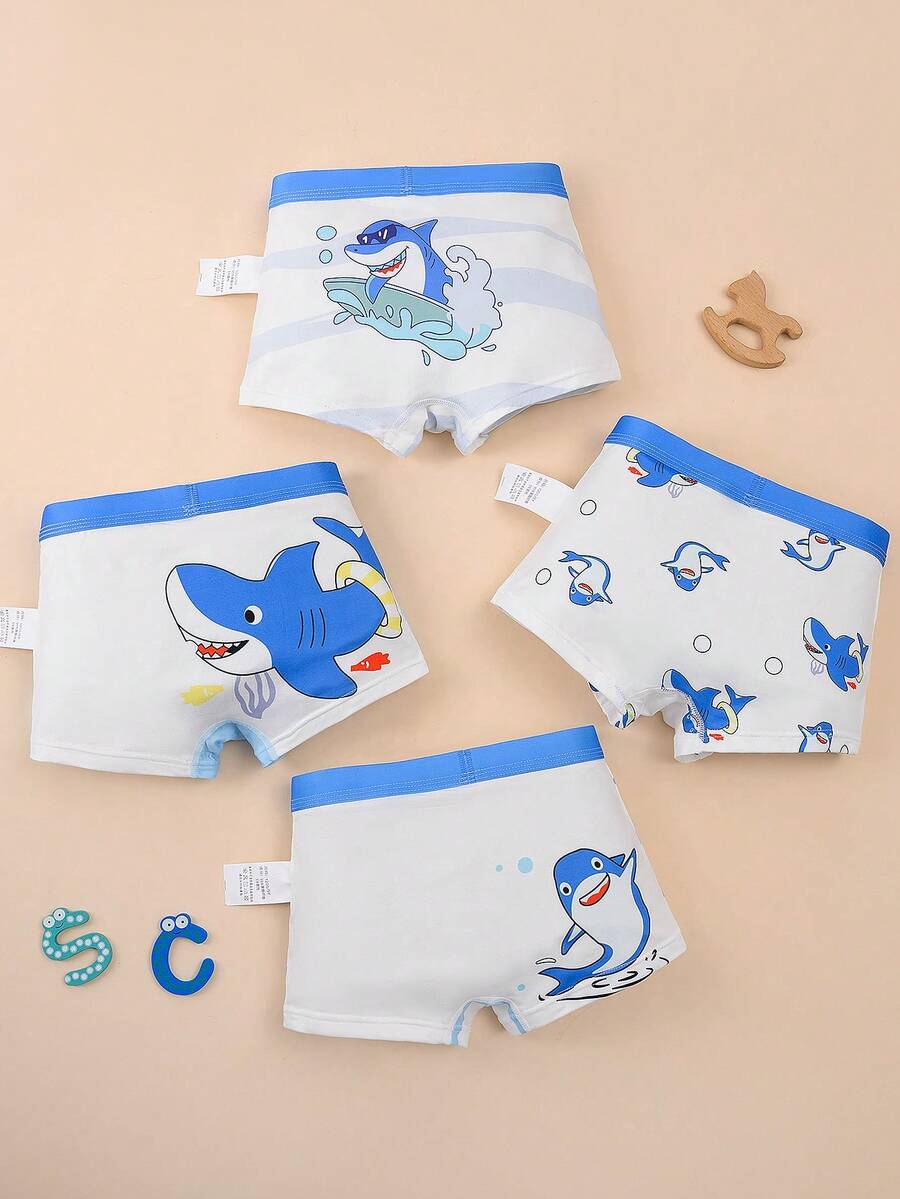4pcs Boys' Comfortable Soft Breathable Cartoon Shark Print Shorts, Underwear For Kids - Multicolor - View 1