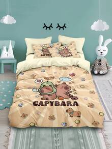 Conjunto de capa de edredom estampada "Capivara dormindo" para 1/2 pessoa, sem enchimento, adequado para adolescentes, quarto masculino, macio e confortável, presente perfeito para fãs de capivara de desenho animado - conjunto de 4 peças (inclui 1 capa de edredom + 2 fronhas + 1 lençol, sem edredom ou travesseiros)