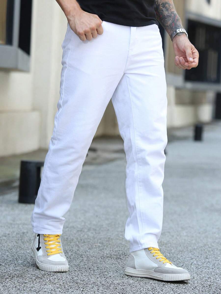 Men's Solid Color Casual Straight Leg Jeans - White - View 1