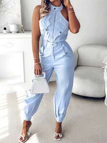 ChicMe Bộ đồ thể thao 2 món cho nữ gồm áo vest không tay và quần jogger có túi, trang phục thường ngày, mặc hàng ngày - Màu xanh nhạt - Xem 4