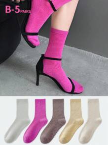 1/3/5 Pairs Women Metallic Thread Mid-Calf Socks, Breathable & Moisture-Wicking, Spring & Autumn