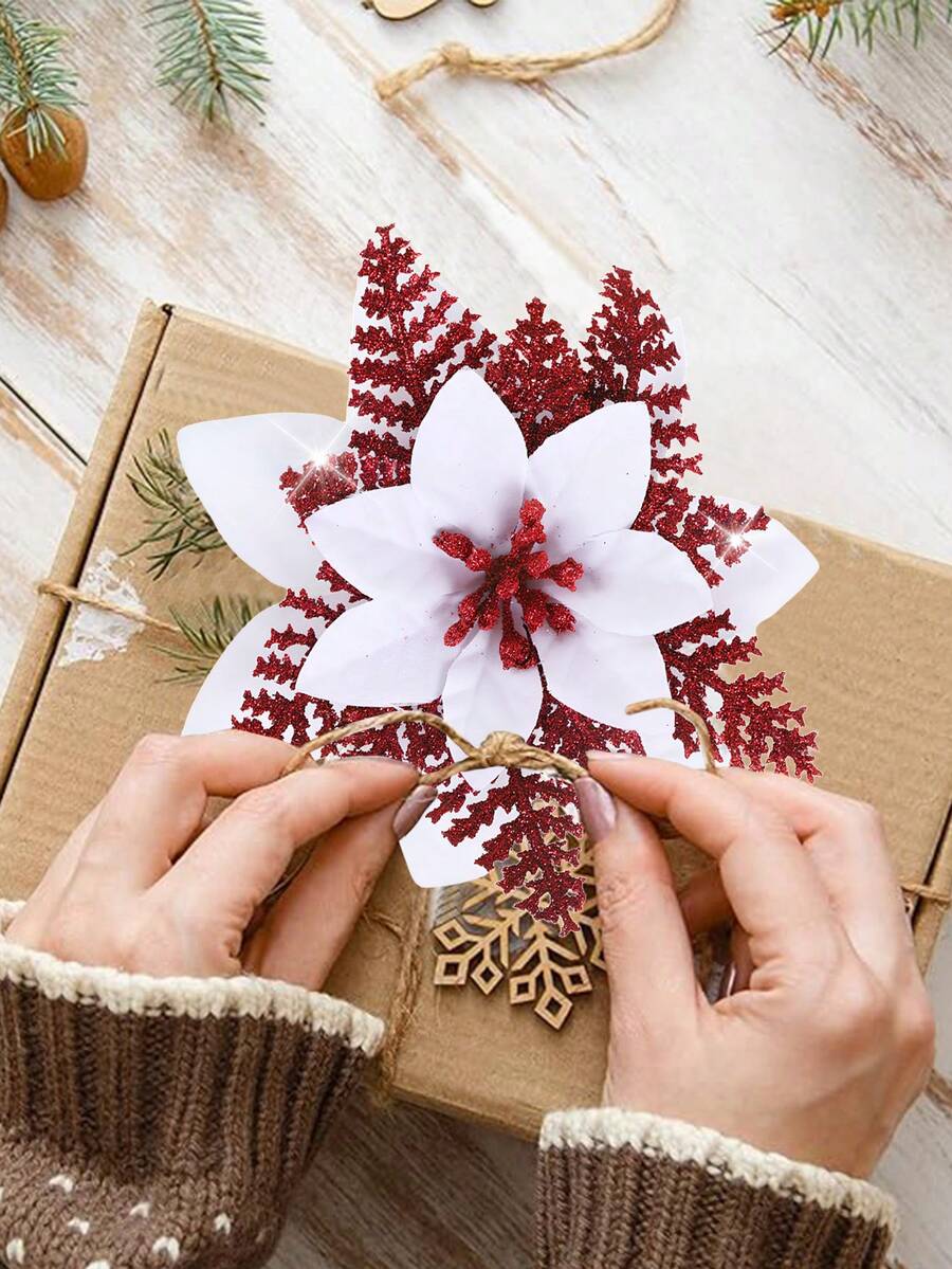 6/12/18PCS 5.12Inch Christmas Flower Decoration Snowflake Petals Sparkling Suitable For Christmas Tree Wreath New Year Weddings And Parties Home Decor Christmas Decorations Room Decor Winter