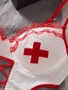1pc Women's Sexy Lingerie,Contrast Lace,Criss Cross,Lace Up,Cut Out, Nurse-Themed Role Play Costume Halter Dress. - Red and White - View 5