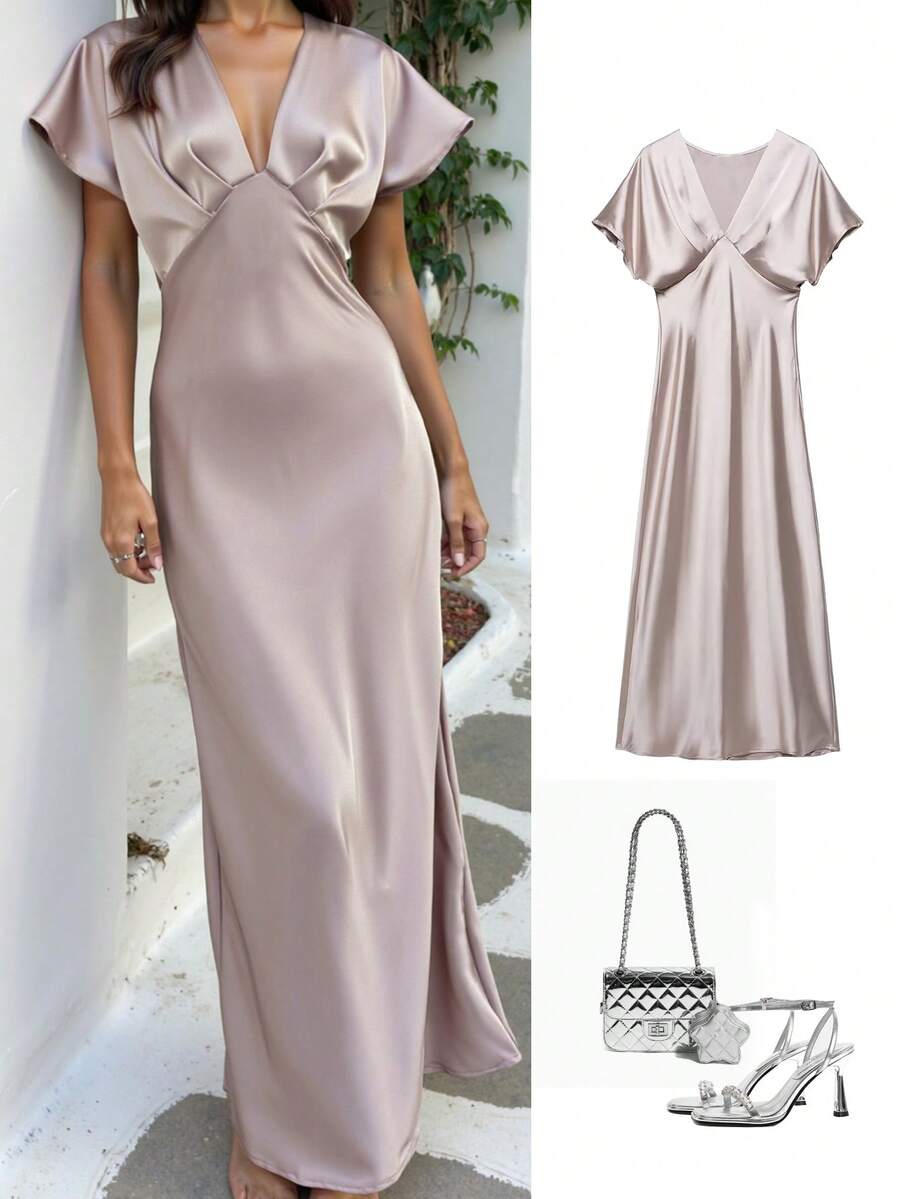 Đầm thời trang hè mới cho nữ, cổ chữ V, ôm eo, chất liệu satin giả lụa, phong cách boho thanh lịch. - Màu be - Xem 1