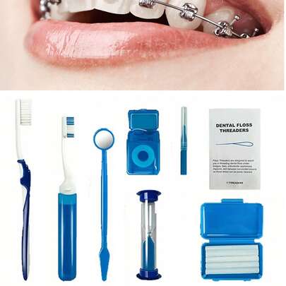 8件套牙齿美白清洁套装，适用于正畸治疗，包括牙刷、牙线、镜子、牙蜡条、男女口腔护理套装